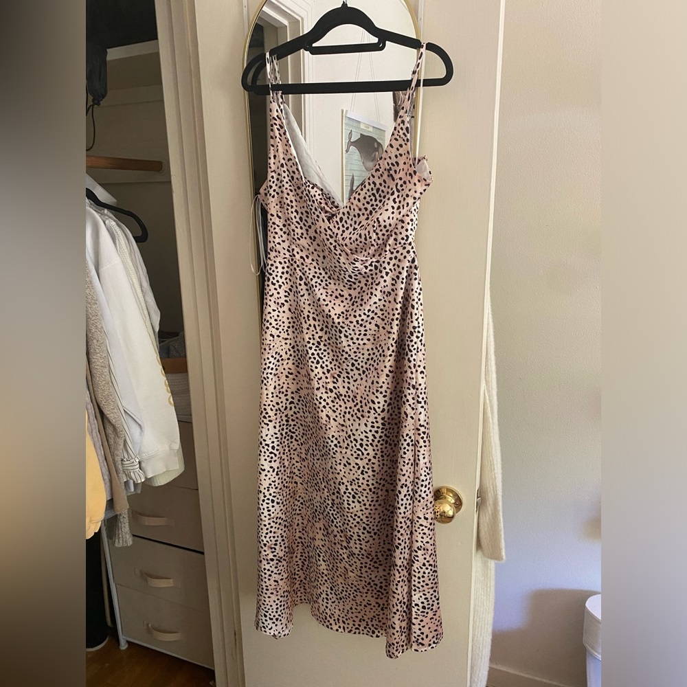 Champagne & black spot print maxi silky wrap dress with pockets